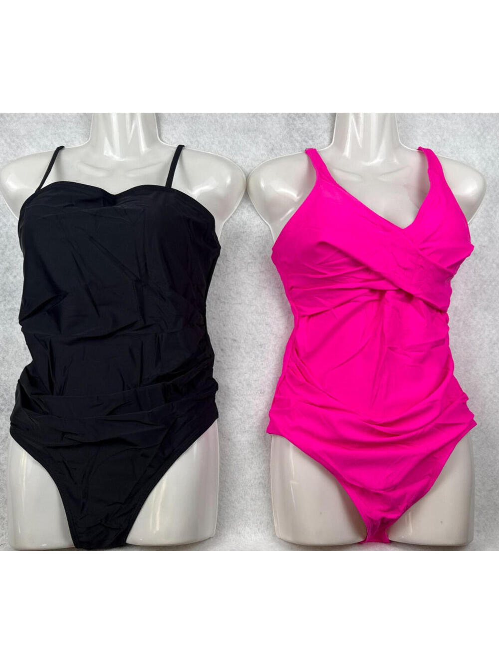 Two Pack Bundle Womens Large Pink Black Ruched One Piece Swimsuits NWOT